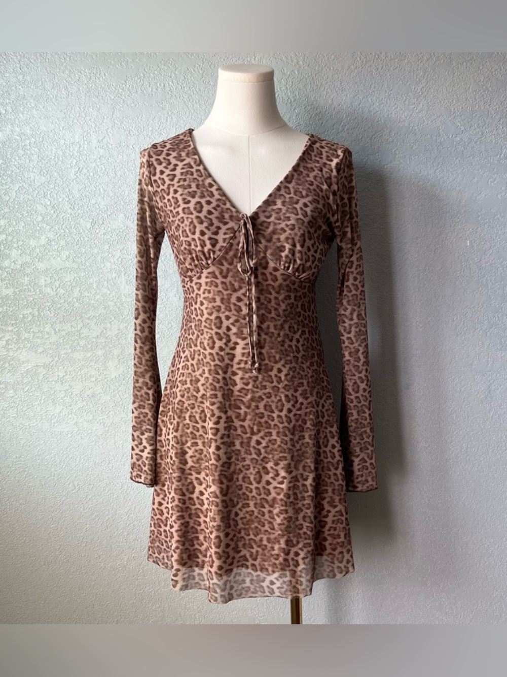 Y2K Style Leopard Mesh Mini Dress Flare Sleeve Babydoll Indie Sleaze Small